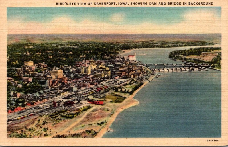 Iowa Davenport Birds Eye View Showing Dam and Bridge In Background Curteich