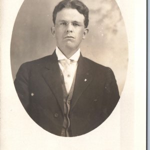 c1910s Handsome Young Man RPPC Frameless Glasses Classy Suit Guy Real Photo A254