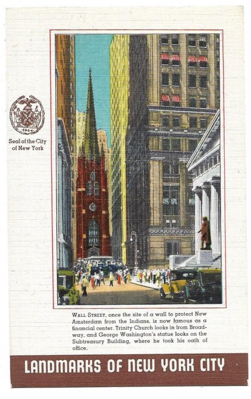 Landmarks of New York City ~ Wall Street, unused Baumann Postcard