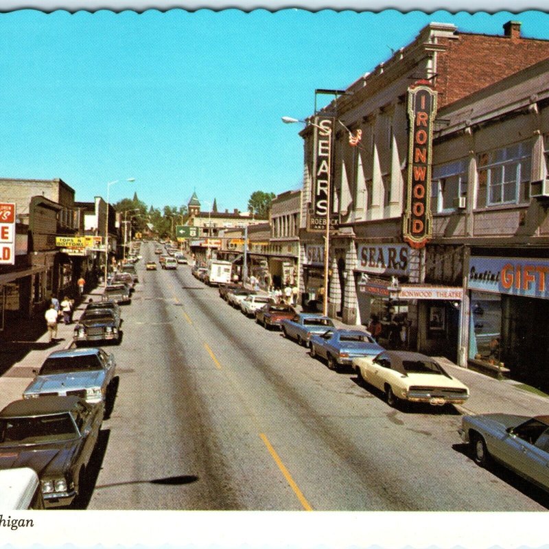 c1970s Ironwood, MI Downtown Main St Chrome Photo Oversized Postcard Penrod A152
