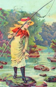 1870's-80's Lovely Girl Fishing Stream, Loo Choo Mixed Tea Victorian Card F91