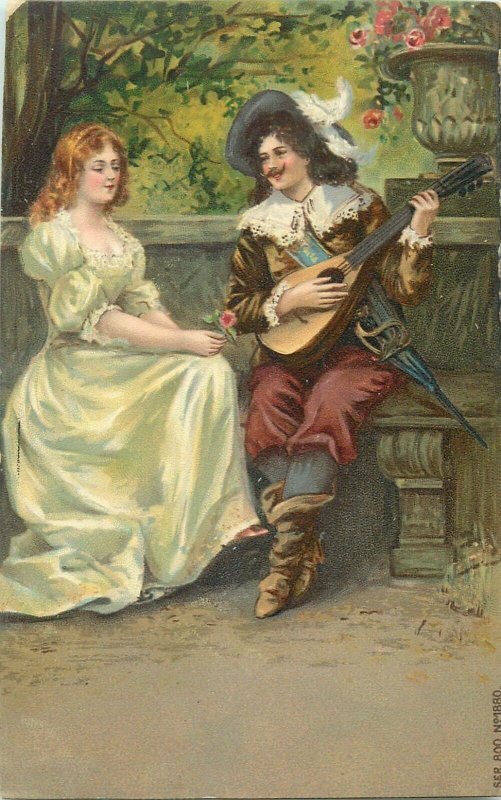 Milton series early art postcard mandolin lover serenade couple love 