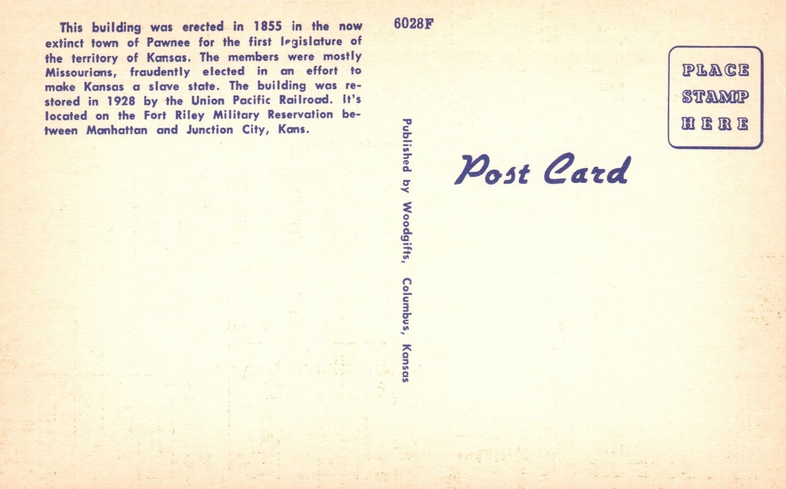 Vintage Postcard 1930's First Kansas Capitol Building at Fort Riley Manhatten KS United States