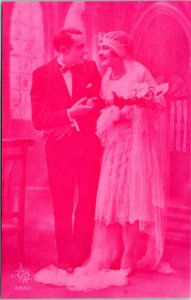 Postcard Romance Wedding Couple Bride Groom Pink Tint Photo France