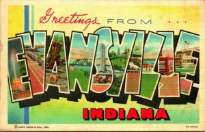 Large Letter Greetings From Evansville Indiana IN UNP Unused Linen Postcard B9