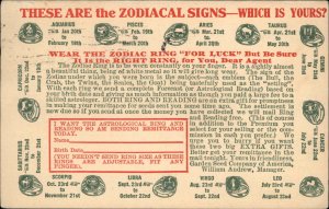 Zodiacal Signs Zodiac Horoscope Astrology Zodiac Ring Ad Advertising Vintage PC