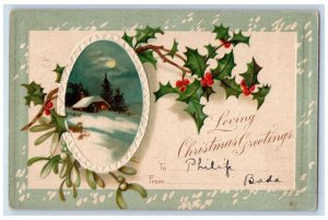 1907 Christmas Greetings Holly House Winter Moon Clapsaddle Paxton IL Postcard