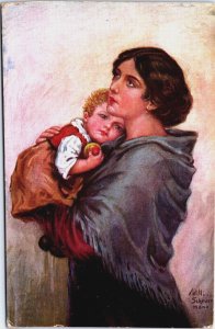 Willi Scheuermann Fartherless, Mother Son Vintage Postcard C123