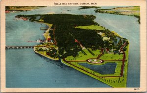 Vtg 1940s Aerial View Belle Isle Island Park Detroit Michigan MI Postcard