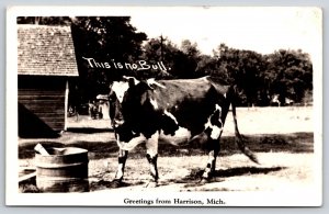 Harrison Michigan Farm Comic~Cow @ Barn~This is No Bull~1942 RPPC