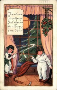 Whitney Christmas Children and Mouse In Front of Window Vintage Postcard