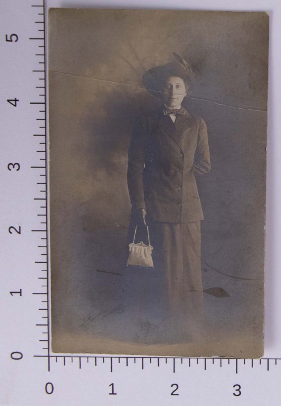 Pretty Woman with Large Hat and Purse RPPC Portrait Real Photo Postcard