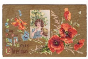 May You Have A Merry Christmas, Girls, Tree, Flowers, Antique 1908 Postcard