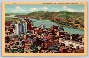 Wheeling West Virginia~Ohio River~City Birds Eye View~Steeple~Linen 1940s PC