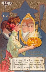 J87/ Halloween Postcard Holiday c1910 Nash Mirror Woman Witch 46