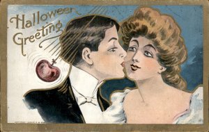Halloween Couple Smooches Romance Gilt Embossed Vintage Postcard