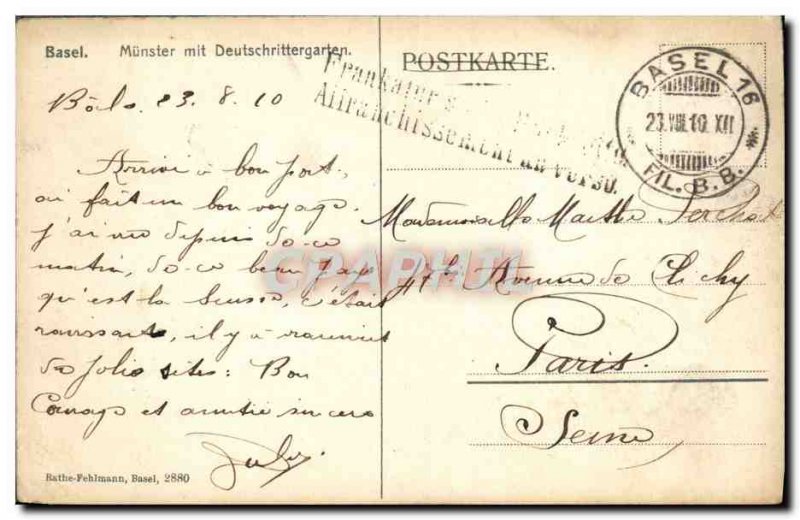 Old Postcard Basel Munster put Deutschrittergaten