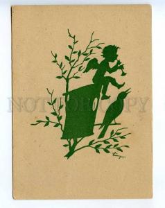 241389 GERMANY SILHOUETTE Elf musician & Bird Vintage postcard