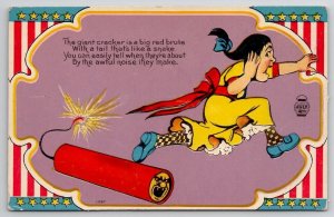 July 4th Humor 1908 Woman Runs From Firecracker With Scary Face Postcard N26