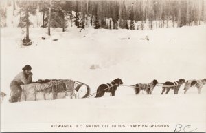 Kitwanga BC Indigenous Man and Dogs Sled Trapping Unused Real Photo Postcard E67