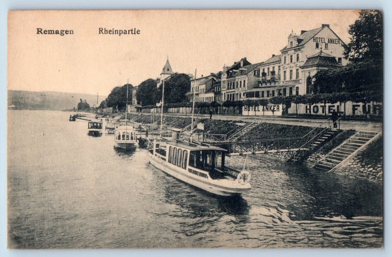 Germany Postcard Remagen Rheinpartie Boat Landing Hotel View c1910 Antique