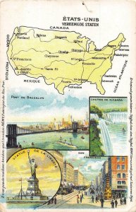 UNITED STATES FRANCE NEW YORK SAN FRANCISCO NIAGARA MAP BROOKLYN POSTCARD (1910)