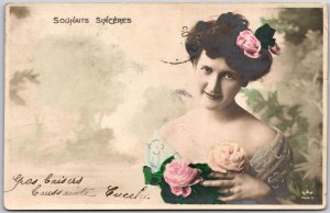 Dutch Girl Pretty Face Short Hair With Flowers Postcard