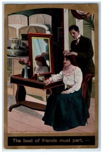 c1910's Woman Mirror The Best Of Friends Must Part Embossed Antique Postcard