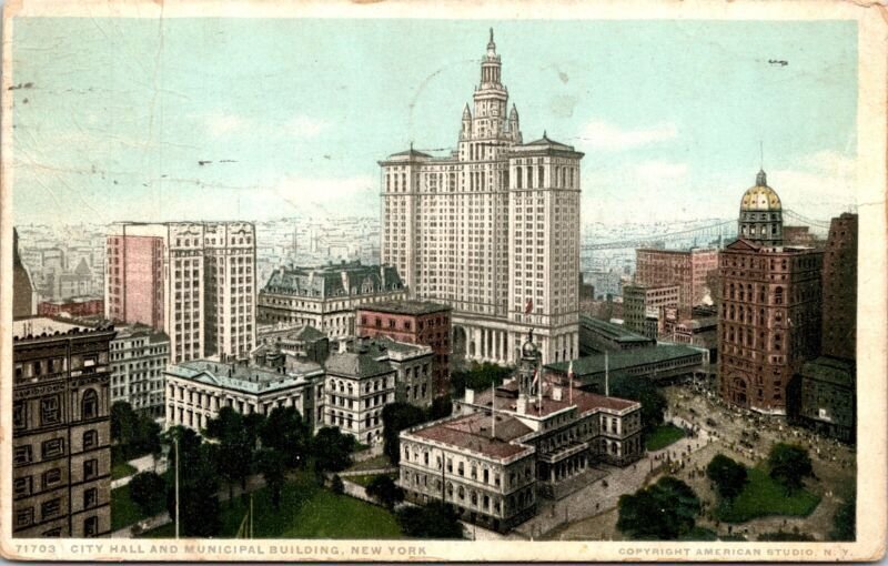 City Hall & Municipal Building New York Scenic Skyline WB Cancel WOB Postcard