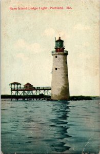 Ram Island Ledge Light Portland ME Maine Antique Divided Back Postcard UNP Vtg 