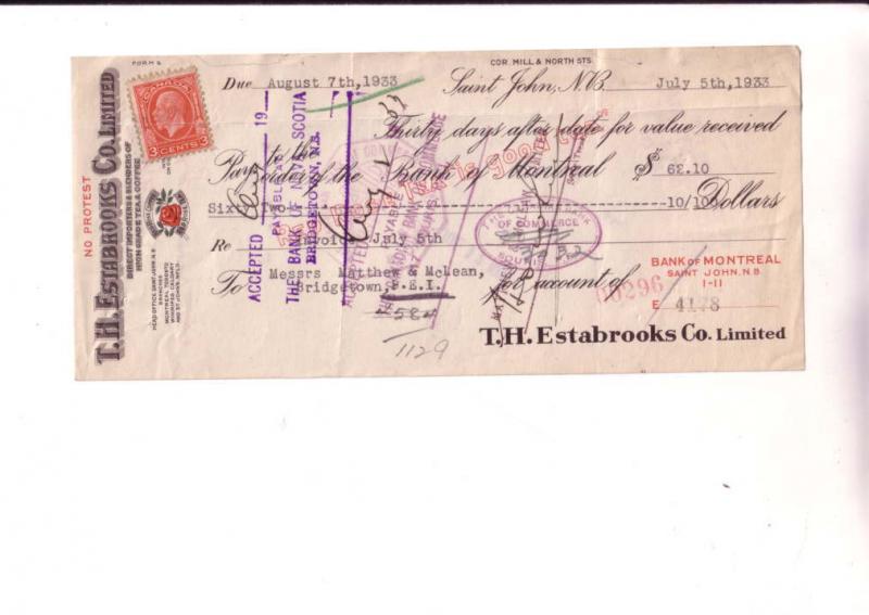 1933 Cheque, Estabrooks Red Rose Tea, St John New Brunswick, 1933, Stamped