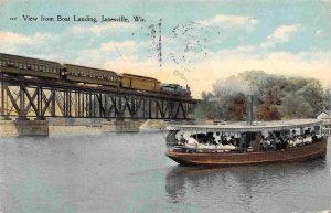 Steamer Launch Boat Railroad Train Bridge Janesville Wisconsin 1911 postcard