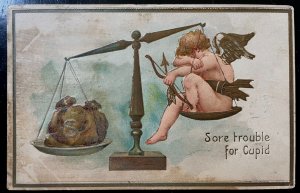 Vintage Victorian Postcard 1908 Sore Trouble for Cupid - Love or Money