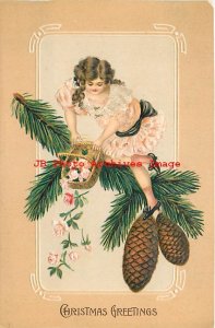 Christmas, Alfred Holzman No AHC01-1, Girl on Pine Needles Pouring Roses, Cones