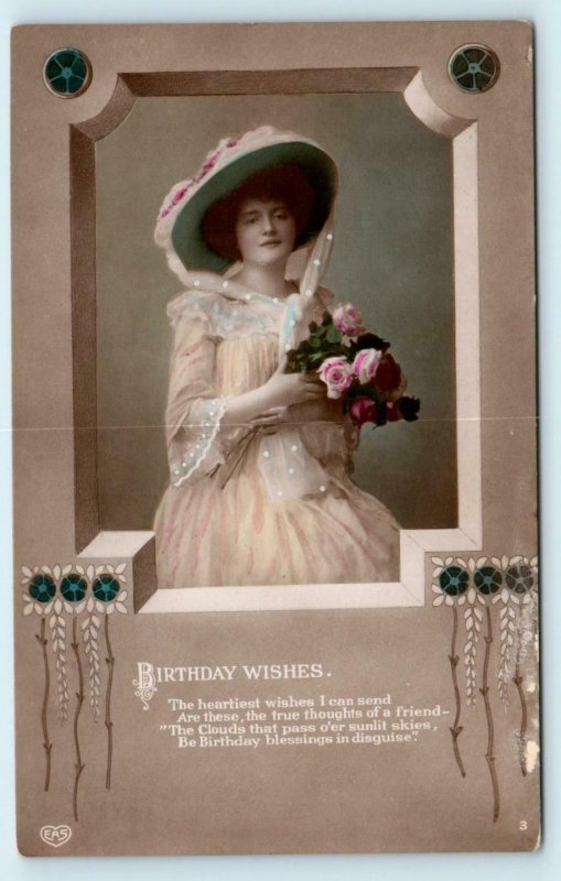 RPPC BIRTHDAY WISHES~ PRETTY WOMAN  w/ROSES  1912 Tinted  Postcard