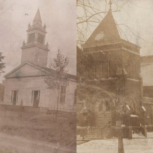 x2 LOT c1910s Unknown Churches RPPC Cemetery Full Bleed RARE Real Photo A175