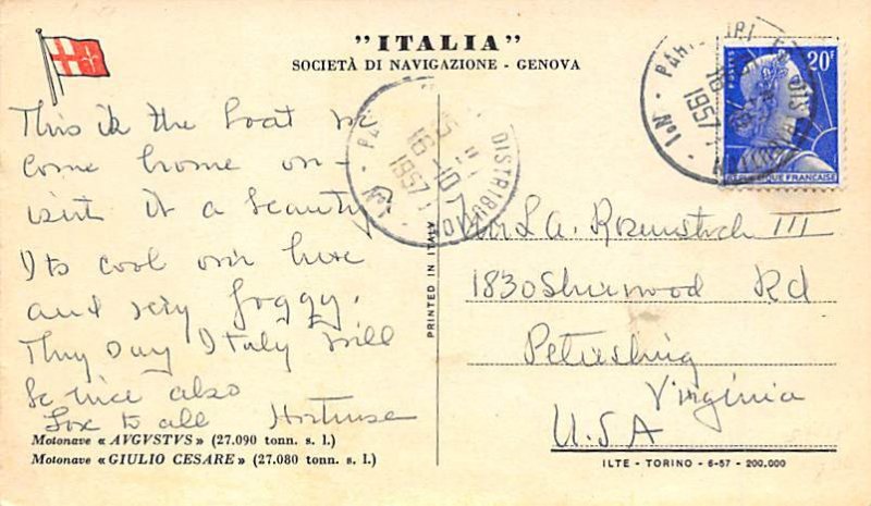 Augustus Italian Line Ship 