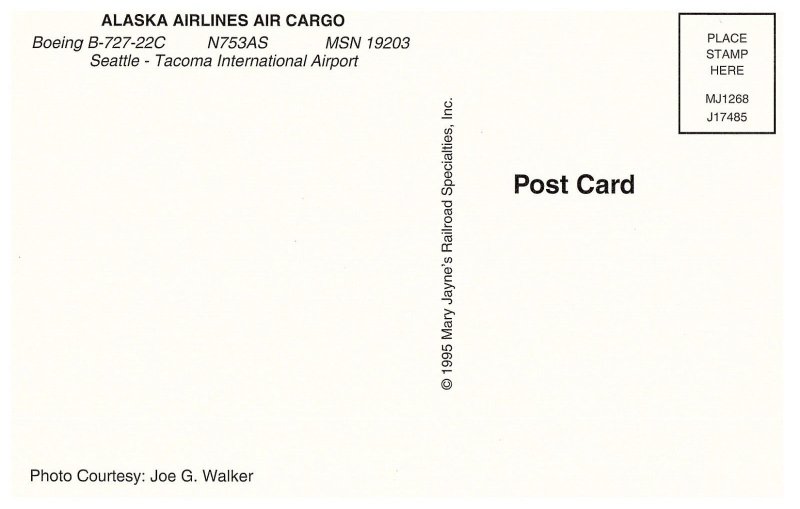 Alaska Airlines Air Cargo Boeing B 727 Airplane Postcard