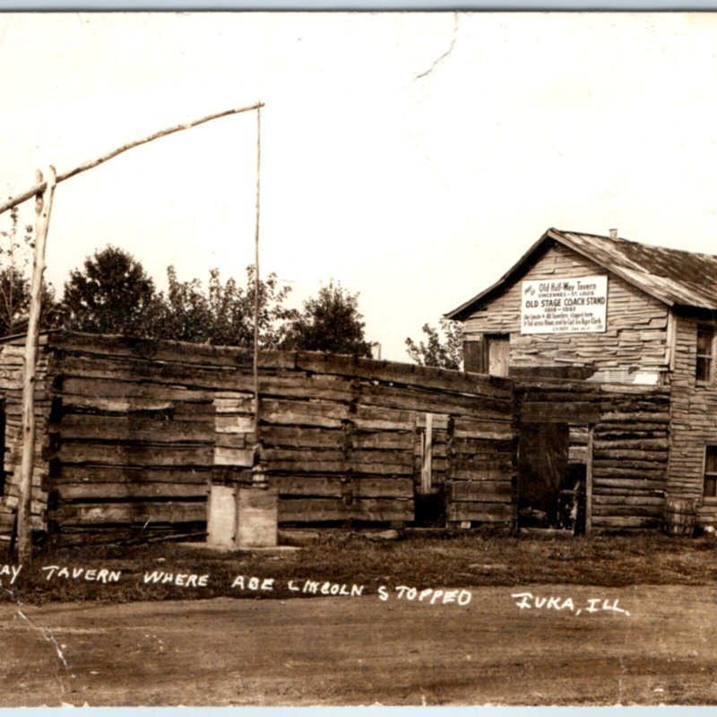 c1930s Iuka, IL Halfway Tavern RPPC Lincoln Stopped Real Photo RIPPED A132