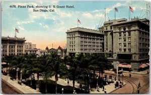 Plaza Park Showing US Grant Hotel San Diego California CA Palms Grounds Postcard