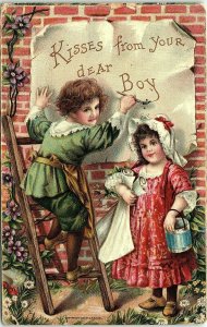 1916 Victorian Children Kisses from Your Dear Boy Salke Embossed Postcard 14-42 