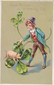 Saint Patrick's Day Young Boy With Pig Jumping Over Shamrock 1908 Tucks