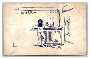 Vintage 1909 Postcard Navy Sailor at the Bar Drinking Whiskey - Blemish Pictured