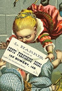 1881 Trade Card L. Harris Gents Goods Occidental Hotel NY Girls Fighting