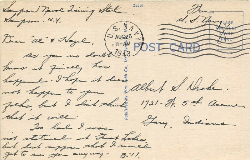 Penn Yan New York 1943 WWII Sailors Postcard Keuka College in the Finger Lakes