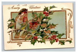 Vintage 1910's Christmas Postcard Gold Lined Cute Birds Mistletoe Holly Berries