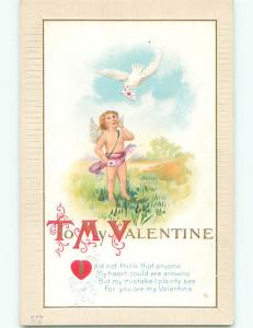 Unused Pre-Linen valentine DOVE BIRD HOLDING CARD FLIES OVER CUPID k9519