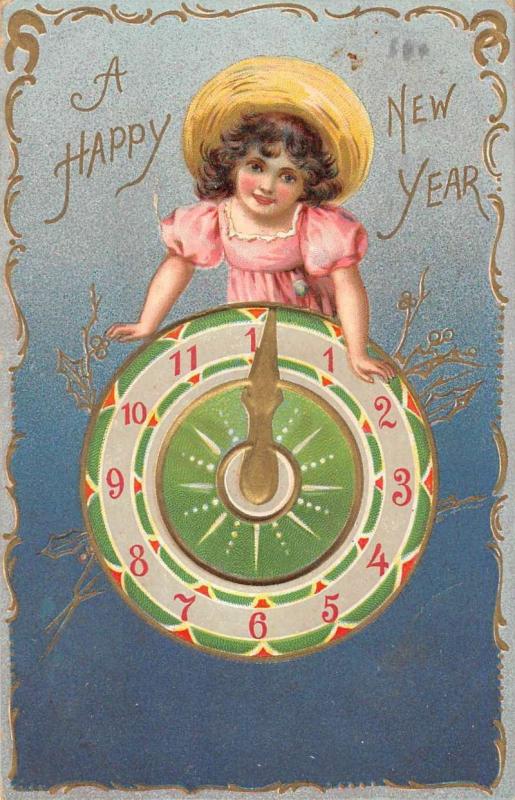 Happy New Year Girl With Clock Tuck Antique Postcard K78549