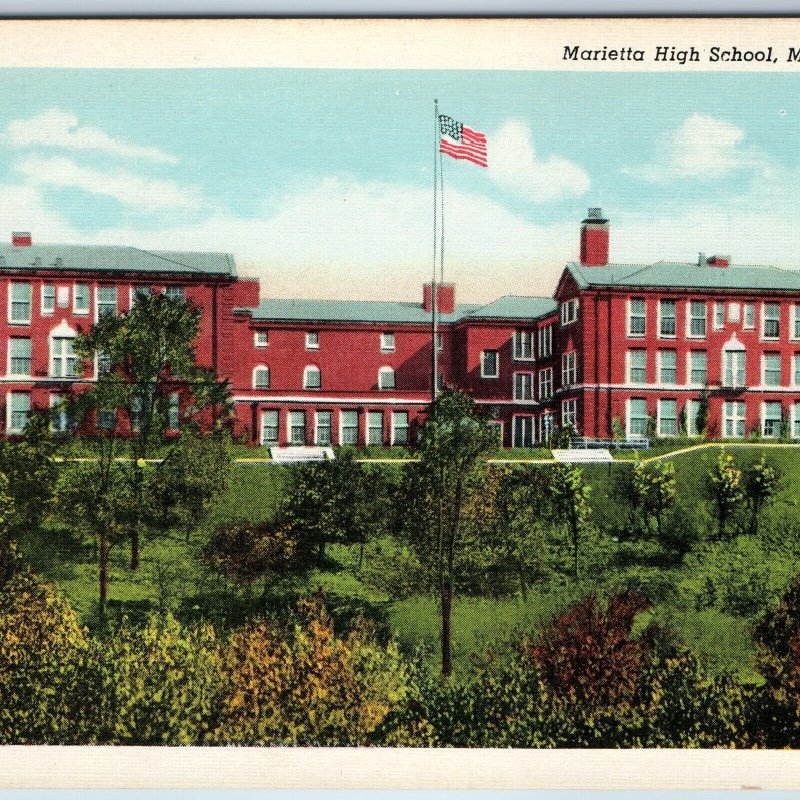 c1940s Marietta OH High School Building Linen Art Kelly News Store Teich PC A197