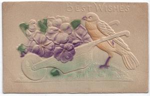 Vintage Greetings PC, Bird Pushing Wheelbarrow Full of Flowers, Airbrush, 1910